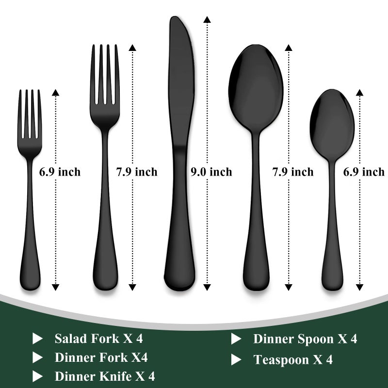 Wildone 20-Piece Black Silverware Set, Stainless Steel Flatware Cutlery Set Service for 4, Tableware Eating Utensils Include Knives/Forks/Spoons, Mirror Polished, Dishwasher Safe - Image 2